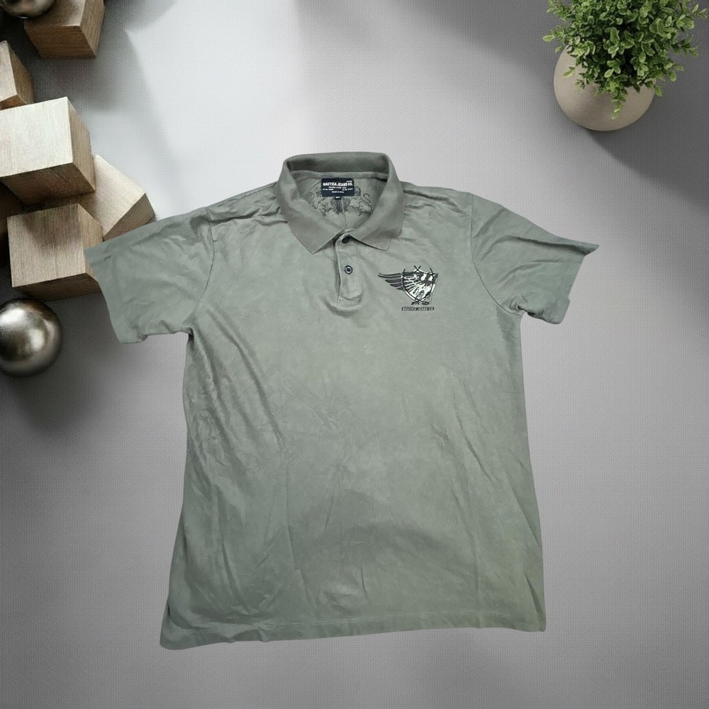Nautica Jeans Co Vintage Y2K Olive Green Graphic Polo Shirt Mens XL Boxy Fit